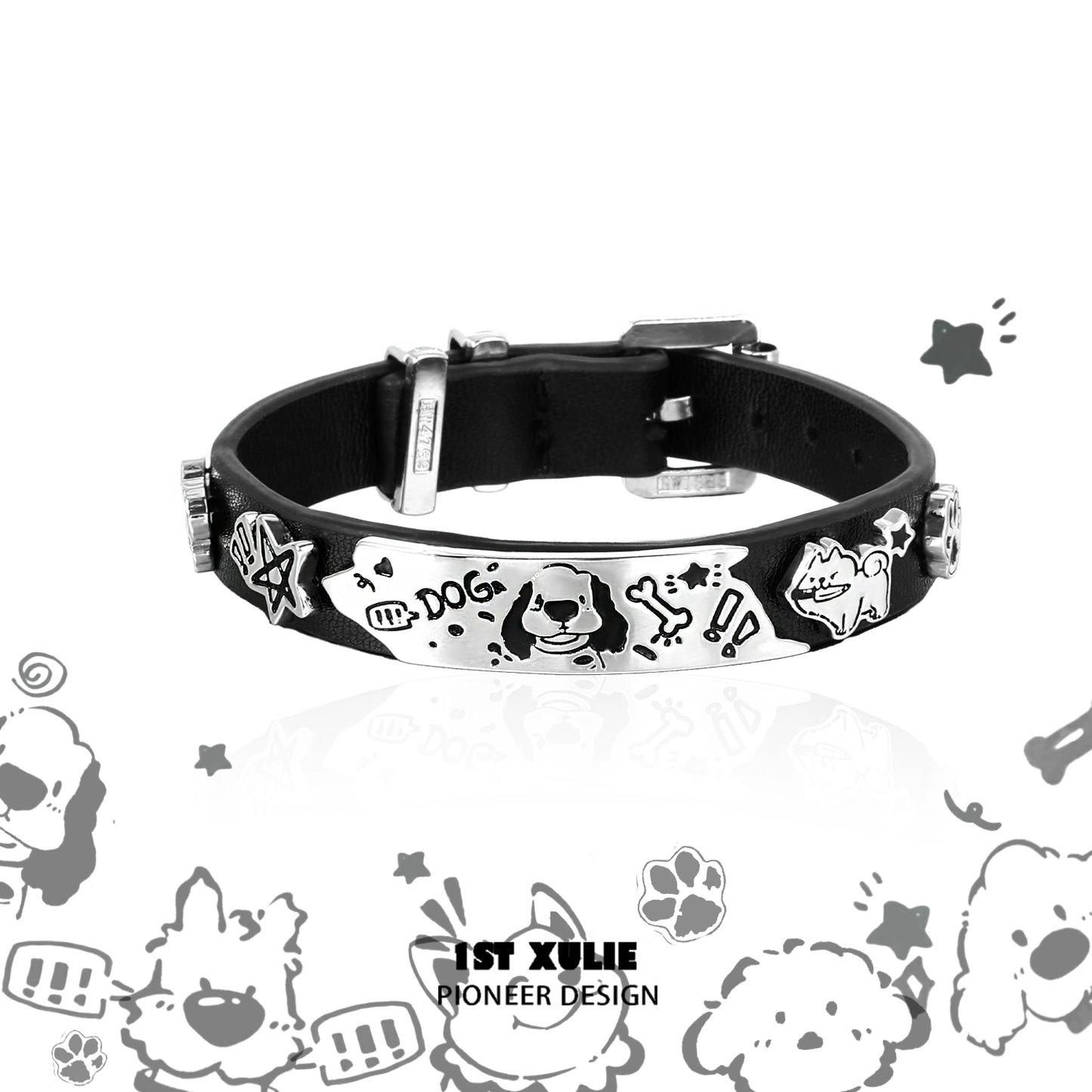 Y2K puppy leather bracelet featuring playful designs and adjustable metal buckle for pet lovers