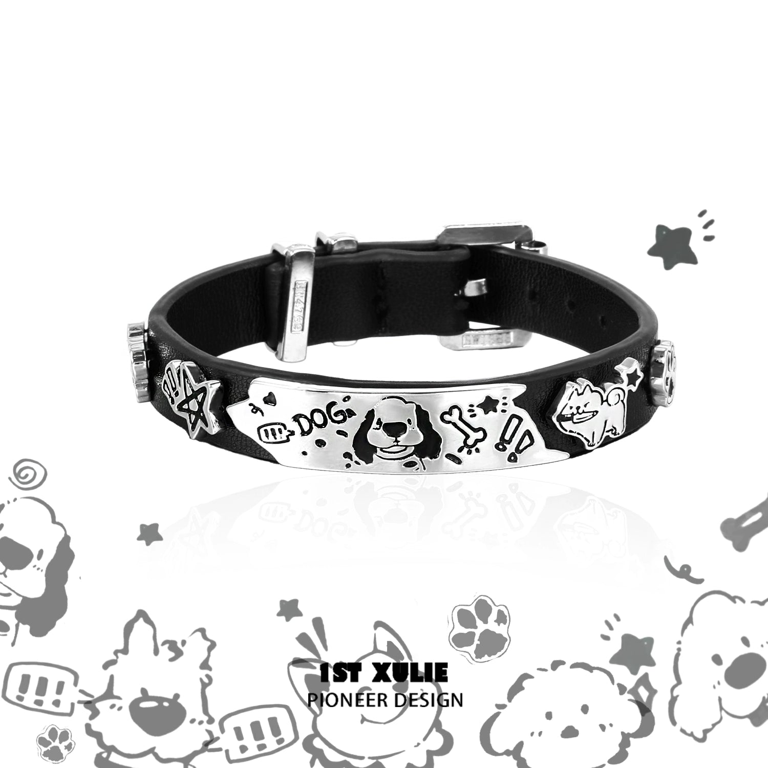 Y2K puppy leather bracelet featuring playful designs and adjustable metal buckle for pet lovers