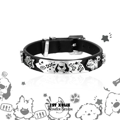 Y2K puppy leather bracelet featuring playful designs and adjustable metal buckle for pet lovers