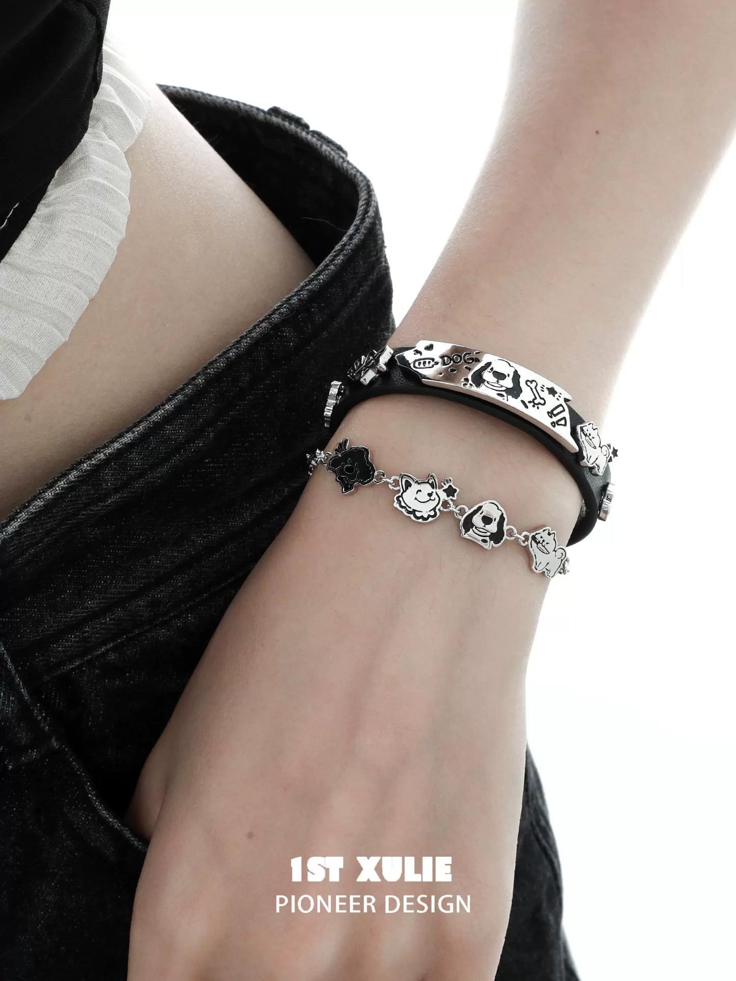 Y2K puppy leather bracelet featuring playful charms on a stylish black strap