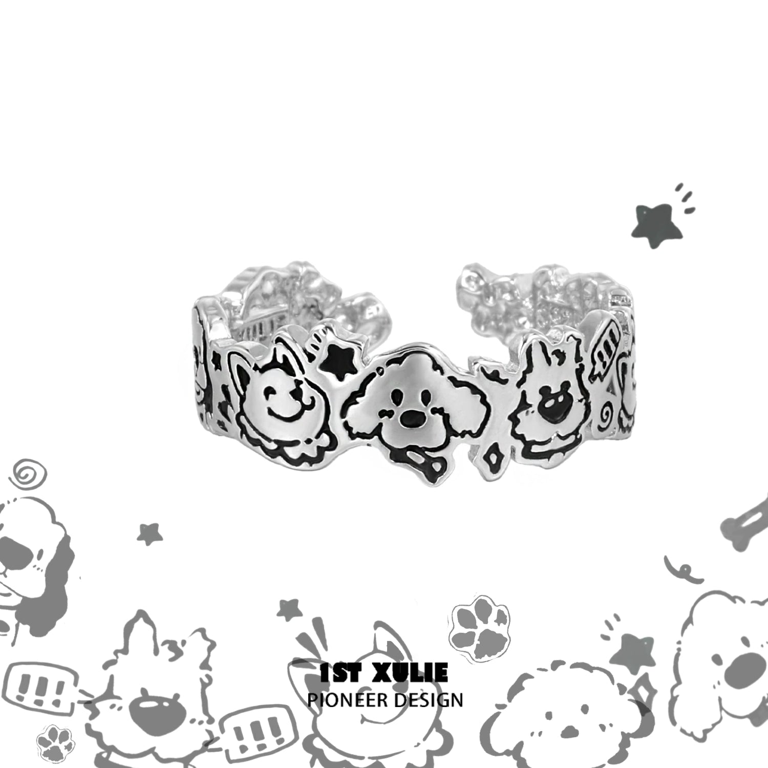 Y2K puppy silver ring featuring playful dog designs, adjustable for a comfortable fit