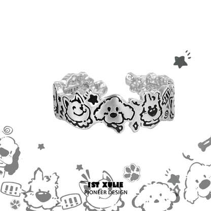 Y2K puppy silver ring featuring playful dog designs, adjustable for a comfortable fit
