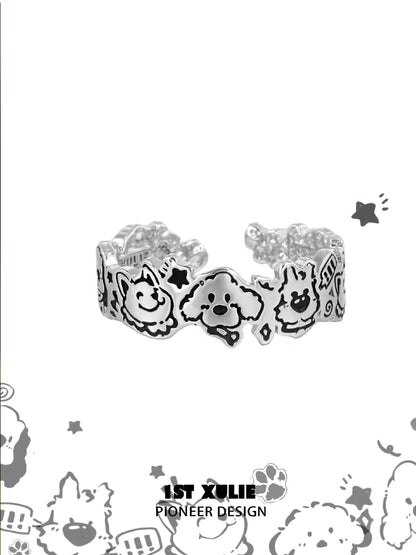 Y2K puppy silver ring featuring playful dog designs, perfect for trendy fashion lovers