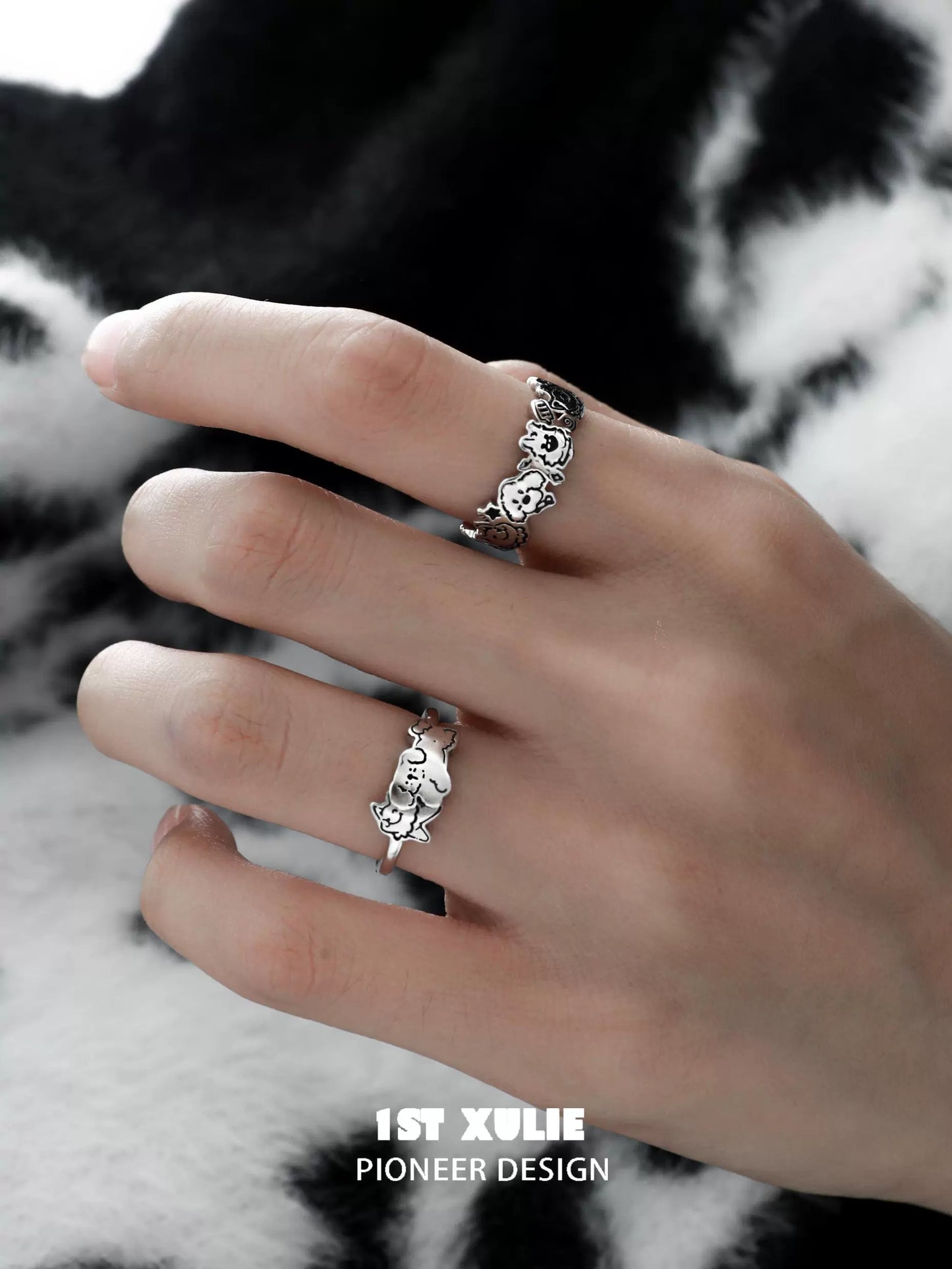 Y2K puppy silver ring displayed on a hand with a stylish design for modern fashion enthusiasts