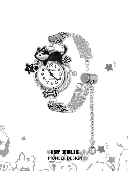 Y2K puppy watch bracelet featuring a Charms design with a playful dog and star accents