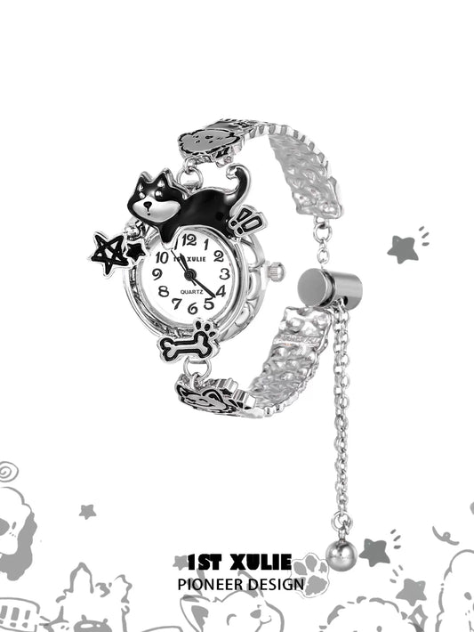 Y2K puppy watch bracelet featuring a Charms design with a playful dog and star accents