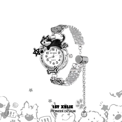 Y2K puppy watch bracelet with a cute dog design and silver chain strap for trendy pet lovers
