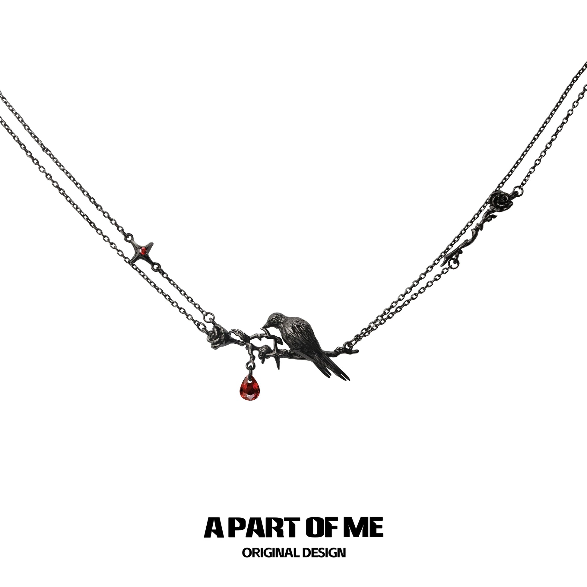 Y2K raven rose necklace with intricate design and red gemstone detailing from A PART OF ME