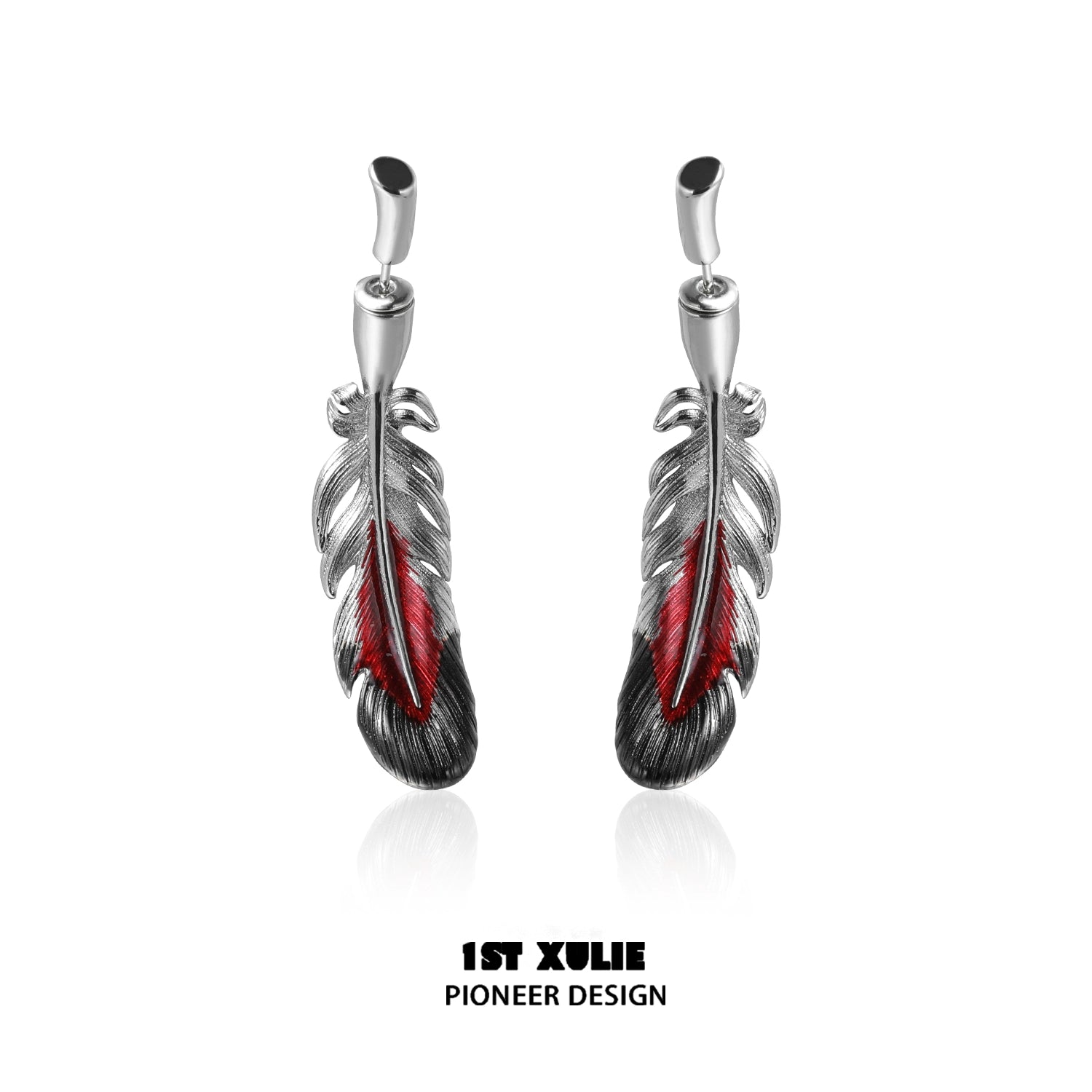 Y2K red feather earrings with silver detailing, perfect for a trendy fashion statement
