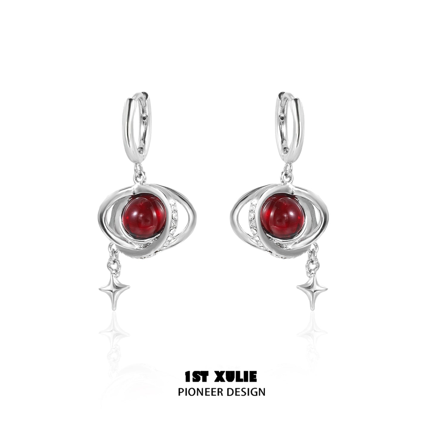 Y2K red planet earrings with silver accents and star details for a trendy look