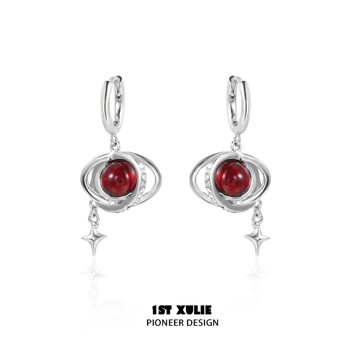 Y2K red planet earrings with silver accents and star details for a trendy look