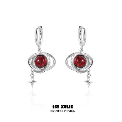 Y2K red planet earrings with silver accents and star details for a trendy look