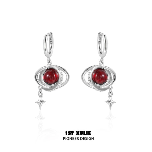 Y2K red planet earrings with silver accents and star details for a trendy look