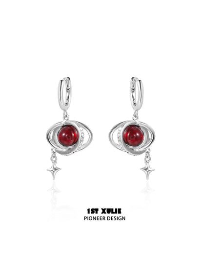 Y2K red planet earrings with sparkling accents and dangling star charms for a trendy look