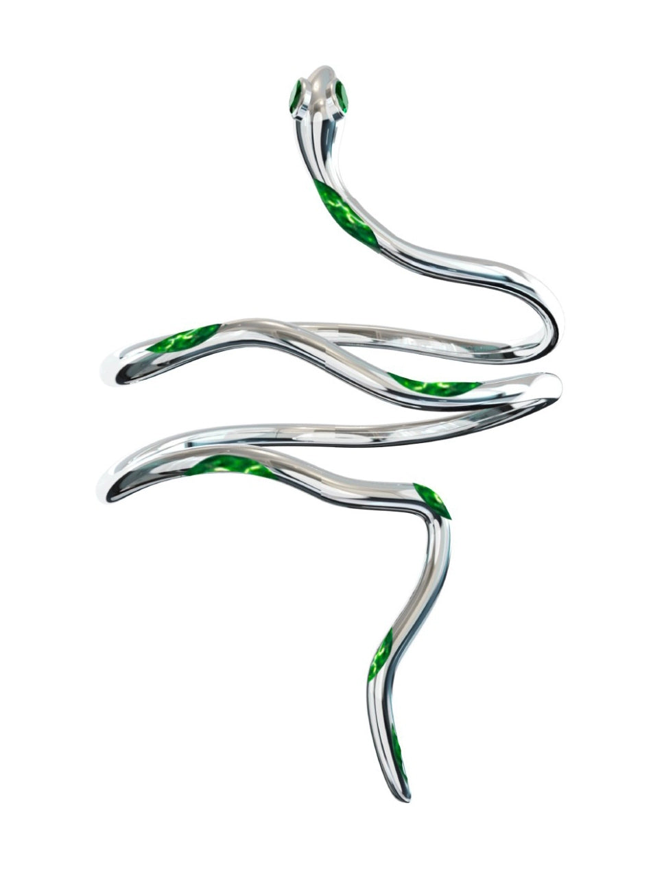 Y2K Slytherin snake arm bracelet with shimmering green embellishments on a sleek silver design