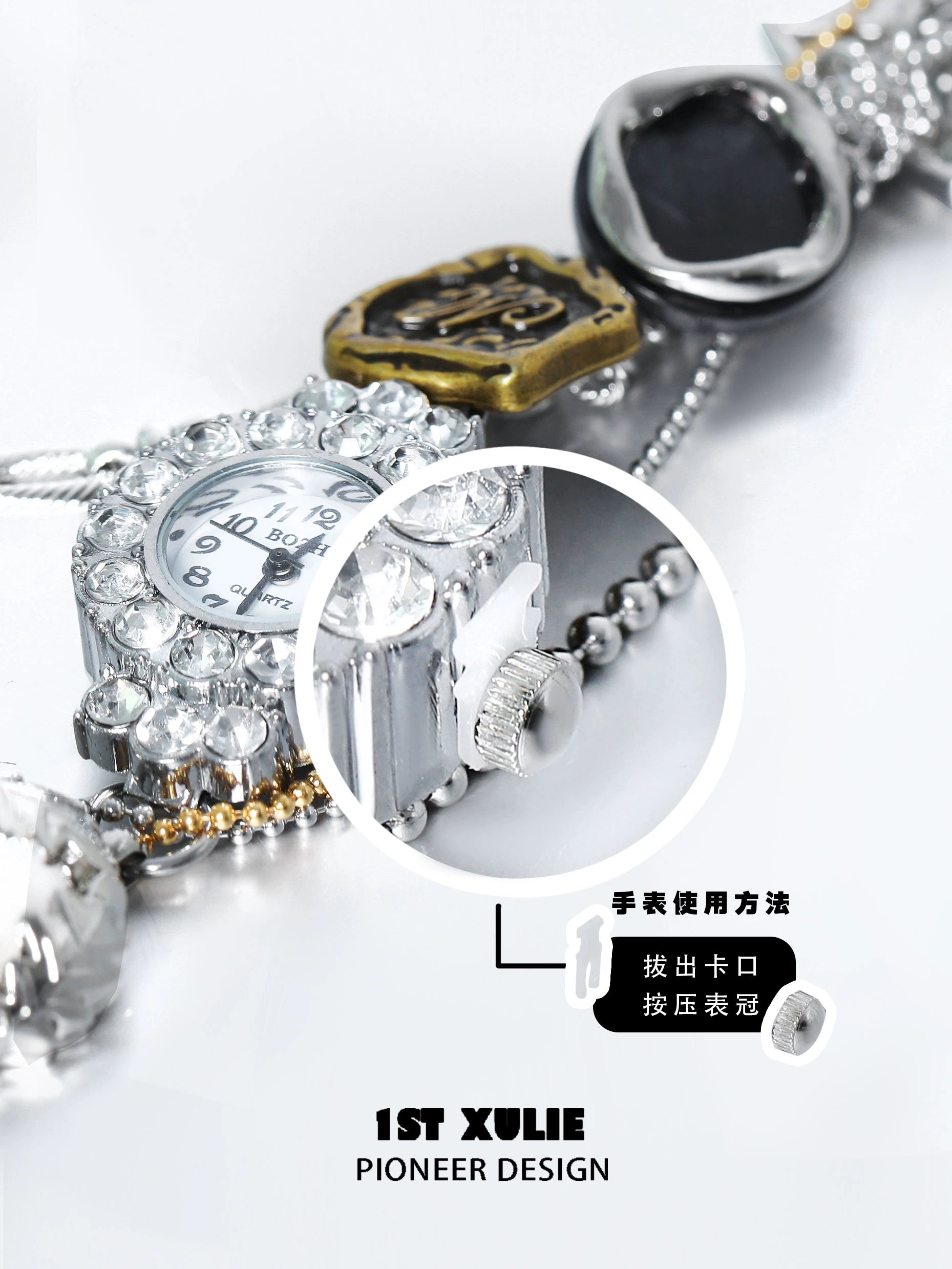 Y2K vintage bracelet watch with unique design features and shiny embellishments