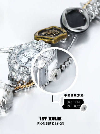 Y2K vintage bracelet watch with unique design features and shiny embellishments