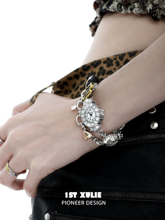 Y2K vintage bracelet watch featuring a unique design with charms and a stylish silver finish